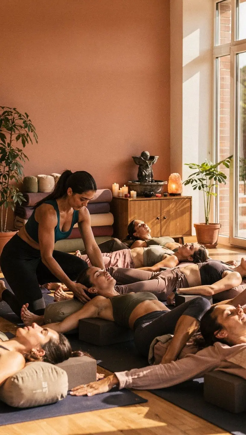 Una sesión de yoga en un estudio luminoso, con mujeres relajándose y conectando con su energía femenina durante la menopausia.