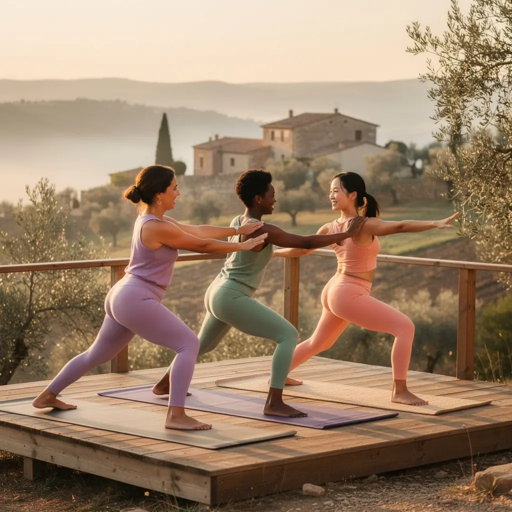 Una mujer practicando yoga en un ambiente sereno, rodeada de plantas, enfocándose en su bienestar hormonal.