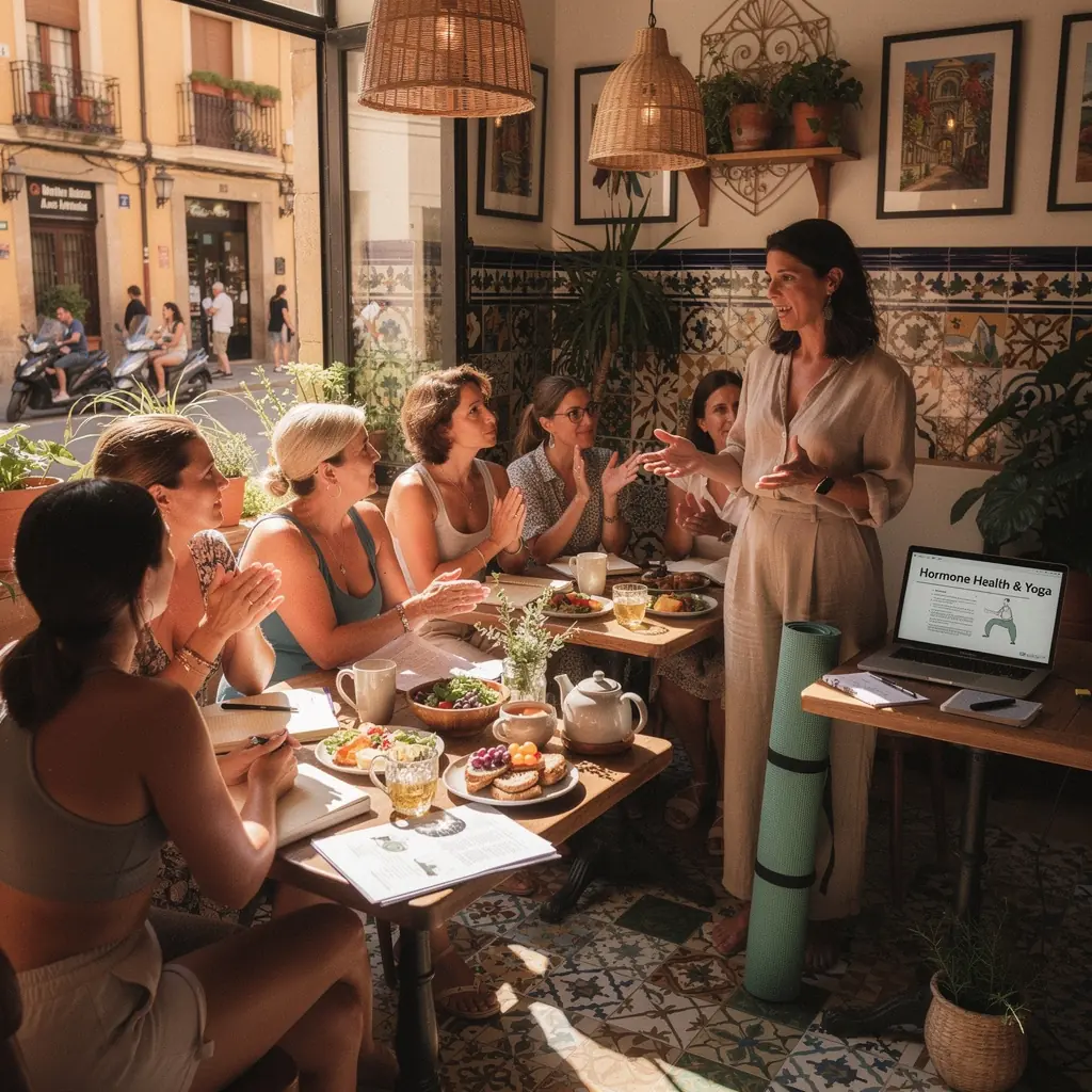Grupo de mujeres realizando ejercicios de respiración para apoyar su ciclo menstrual.