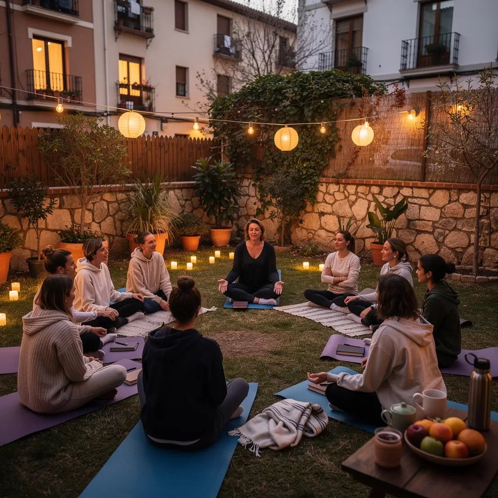 Mujer meditando en una esterilla, rodeada de plantas, buscando armonía interna.